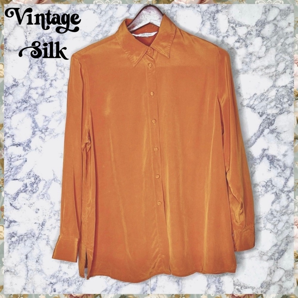 August Max Vintage 100% Silk Orange Button Up Blouse Women’s XS Relaxed Fit